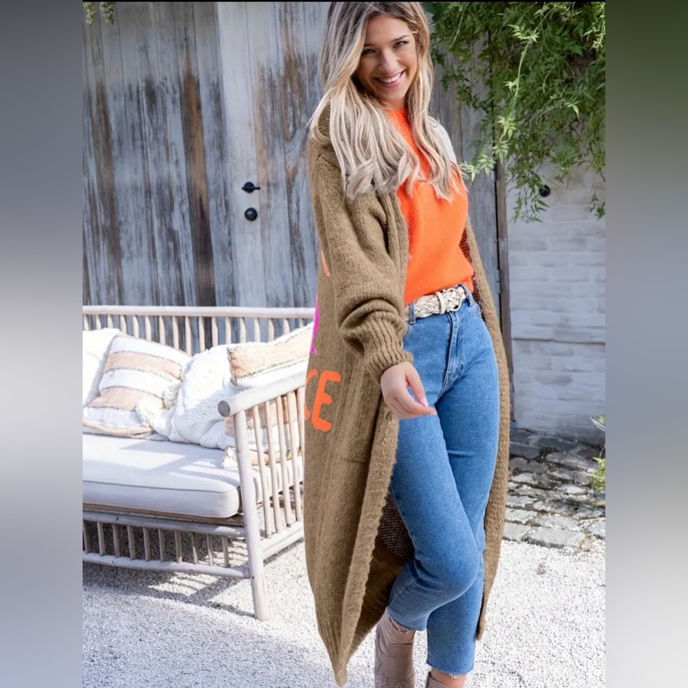 NEW! Open Front Cardigan, Tan with “Peace and Love” on Back. Size XL (12).